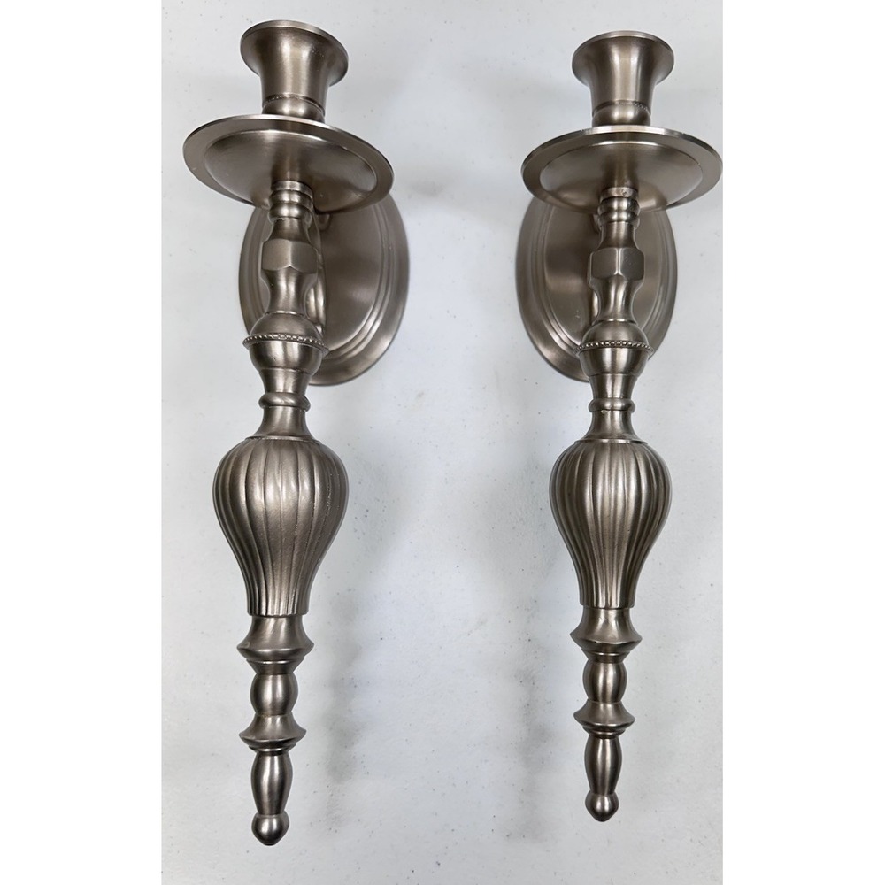 Vintage Pair (2) Pewter Finished Wall Candle Holder Sconces Heavy Cast Metal